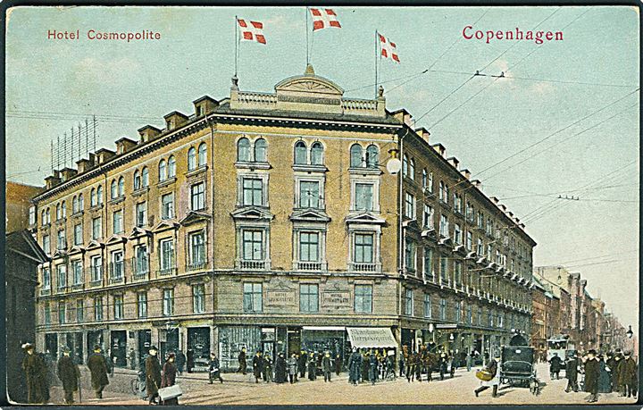 Hotel Cosmopolite i København. Sporvogn ses til højre. Stenders no. 36045. 