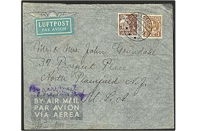 25 øre Karavel og 1 kr. Chr. X på luftpostbrev fra Kastrup d. 30.6.1941 til North Plainfield, USA. Åbnet af tysk censur.