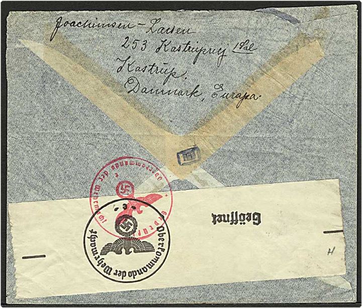 25 øre Karavel og 1 kr. Chr. X på luftpostbrev fra Kastrup d. 30.6.1941 til North Plainfield, USA. Åbnet af tysk censur.