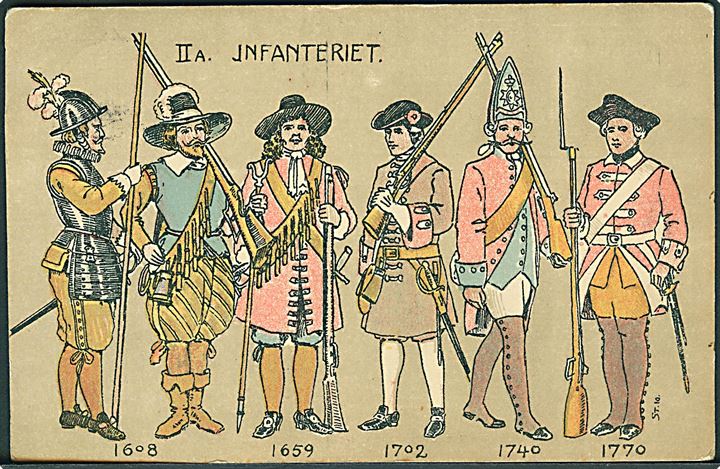 II A Infanteriet 1608 - 1770. Den danske Hærs uniformer gennem tiderne. Tegnet af Ludvig Steensen. N. Kirks Forlag no. 222. 