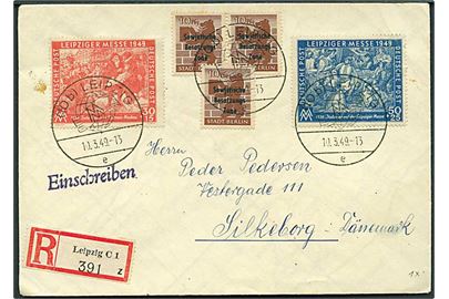 SBZ. 10 pfg. SBZ provisorium (3), 30+15 pfg. og 50+25 pfg. Leipziger Messe på anbefalet brev (lavet af landkort) fra Leipzig d. 10.3.1949 til Silkeborg, Danmark.
