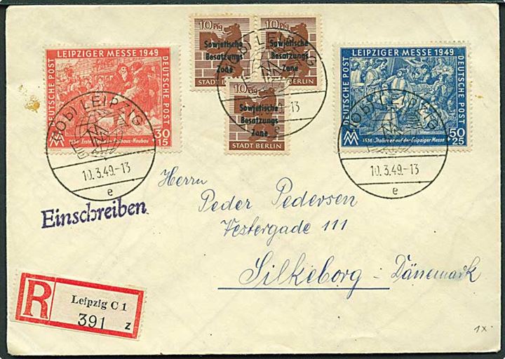 SBZ. 10 pfg. SBZ provisorium (3), 30+15 pfg. og 50+25 pfg. Leipziger Messe på anbefalet brev (lavet af landkort) fra Leipzig d. 10.3.1949 til Silkeborg, Danmark.