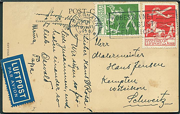 10 øre og 25 øre Luftpost på luftpost brevkort (Cunard Line S/S Carinthia) fra København d. 10.7.1928 til Kempten, Schweiz.