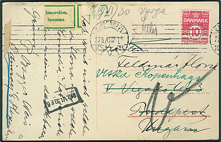 10 øre Bølgelinie på brevkort (Kongens Nytorv med sporvogne) fra Kjøbenhavn d. 27.6.1913 til Budapest, Ungarn. Retur med 2-sproget etiket Ismeretlen / Inconnu.