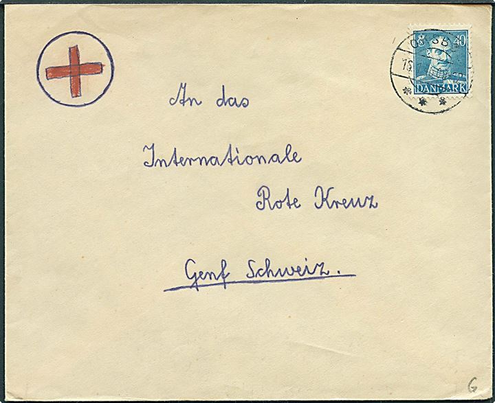 40 øre Chr. X på brev stemplet Oksbøl d. 16.1.1946 til Internationalt Røde Kors i Geneve, Schweiz. Fra tysk kvinde i Flygtningelejren Oksbøl med ovalt violet stempel: (krone)/St.c.L. Lejrchefen i Oxbøl.