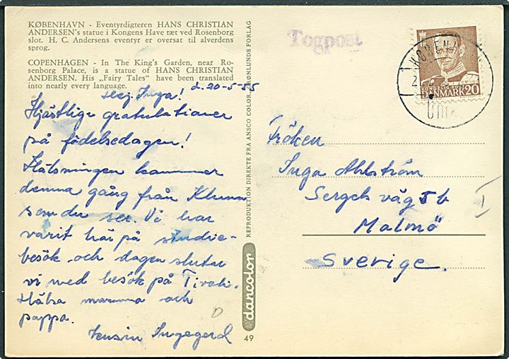 20 øre Fr. IX på brevkort stemplet København Omk. d. 20.5.1955 og sidestemplet Togpost til Malmö, Sverige.