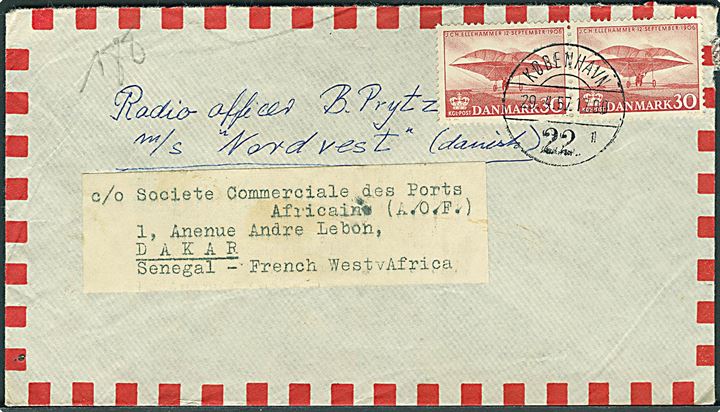 30 øre Ellehammer i parstykke på luftpostbrev fra København d. 29.4.1957 til sømand ombord på M/S Nordvest via rederi i København - eftersendt til Dakar, Senegal, Fransk Vestafrika.