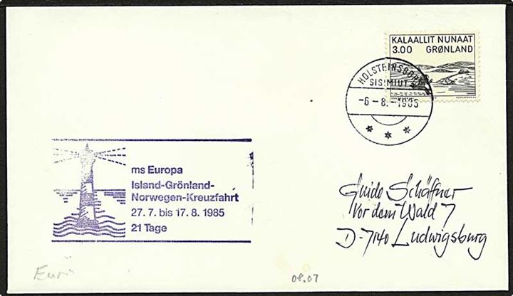 3 kr. Træsnit på brev fra Holsteinsborg d. 6.8.1985 til Ludwigsburg, Tyskland. Privat skibsstempel ms Eurpoa / Island-Grönland-Norwegen-Kreuzfahrt.