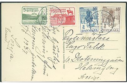 Komplet sæt Regentjubilæum på uofficiel FDC brevkort (Kongen inspicerer Garden) stemplet København d. 15.5.1937 til Helsingborg, Sverige.