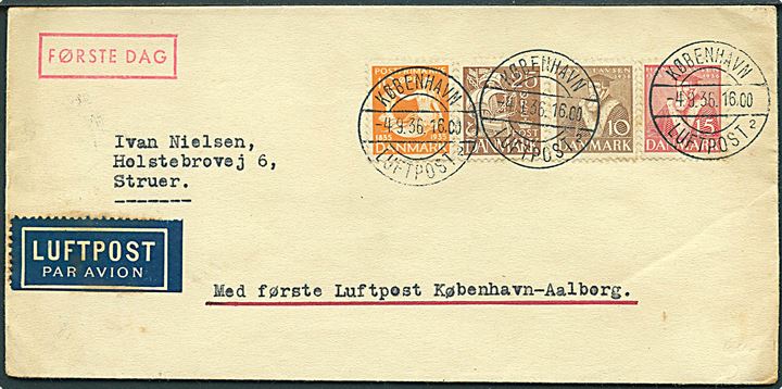 10 øre H.C.Andersen, 10 øre, 15 øre Tavsen og 25 øre Karavel på 1.-flyvningsbrev stemplet København Luftpost sn2 d. 4.9.1936 til Struer. Sendt med første flyvning København-Aalborg.