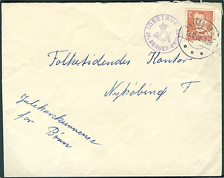 30 øre Fr. IX på brev stemplet Nykøbing Fl. d. 13.12.1958 og sidestemplet med posthornstempel IDESTRUP pr. SØNDER-ØRSLEV til Nykøbing F.