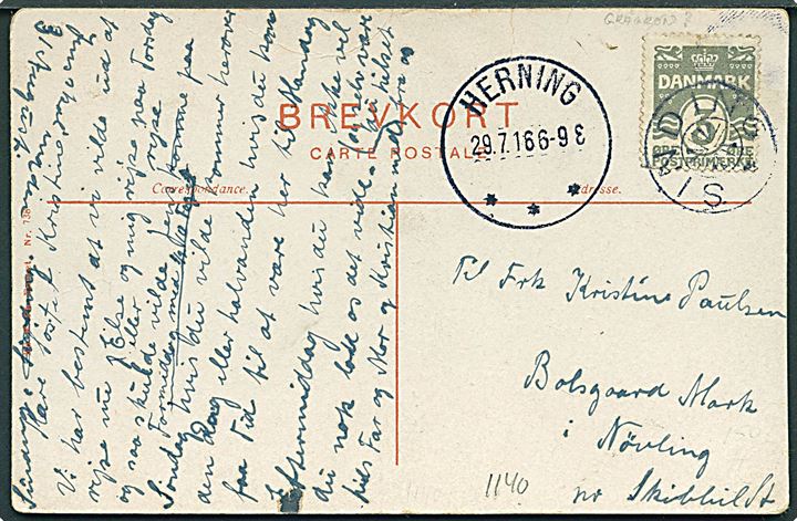 3 øre Bølgelinie på lokalt brevkort annulleret med stjernestempel SINDING og sidestemplet Herning d. 29.7.1916 til Bolsnaard Mark i Nøvling pr. Skibbild St.
