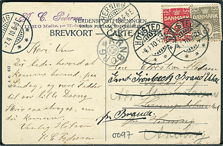 2 øre og 3 øre Bølgelinie på brevkort (Udsigt mod Aastrup) stemplet Holsted d. 4.5.1910 til Herning - eftersendt til Arnborg og siden til Brande. Stjernestempel Arnborg.