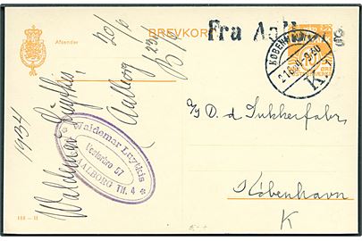 10 øre helsagsbrevkort (fabr. 110-H) annulleret med skibsstempel Fra Aalborg og sidestemplet København K. d. 21.6.1934 til København.