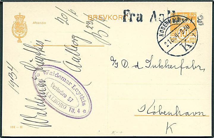 10 øre helsagsbrevkort (fabr. 110-H) annulleret med skibsstempel Fra Aalborg og sidestemplet København K. d. 21.6.1934 til København.