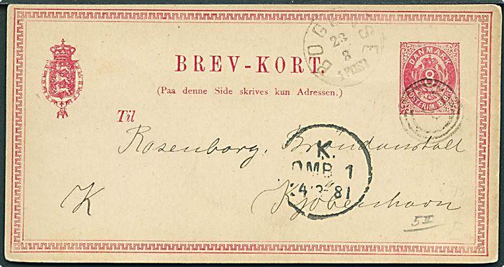 8 øre helsagsbrevkort annulleret med nr.stempel 8 og sidestemplet lapidar Bogense d. 23.8.1881 til Kjøbenhavn.