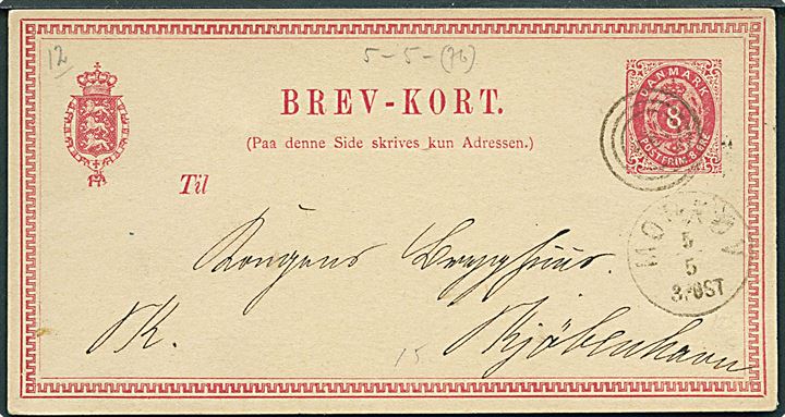 8 øre helsagsbrevkorht fra Frydendal annulleret med nr.stempel 149 og sidestemplet med lapidar Mørkøv d. 5.5. ca. 1876 til Kjøbenhavn.