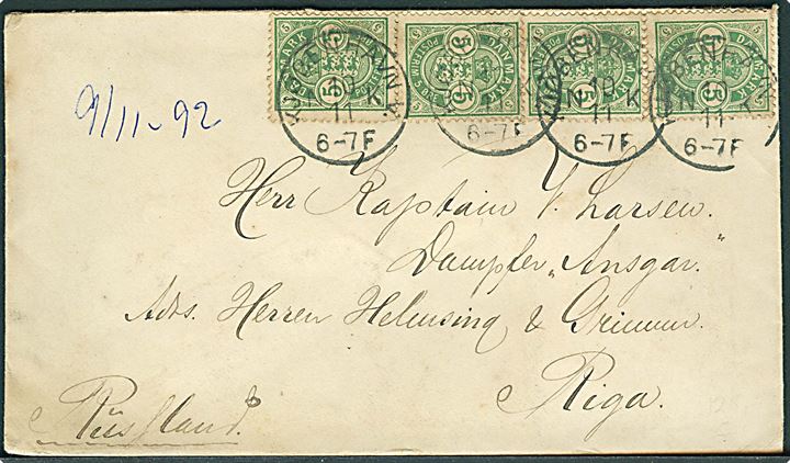 5 øre Våben (4) på brev annulleret med lapidar Kjøbenhavn V. NK d. 10.11.1892 til kaptajn ombord på S/S Ansgar i Riga, Letland, Rusland.