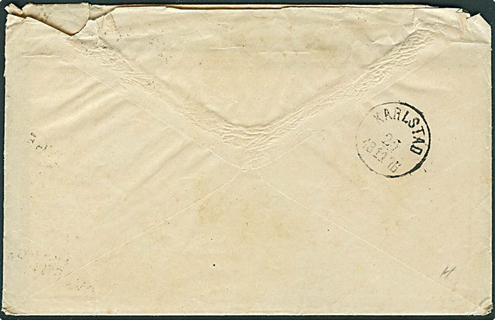 12 øre Tofarvet (falmet) på brev fra Kjøbenhavn d. 23.11.1876 via Karstad til Åmål, Sverige. Påsat lille liniestempel SVERGE da brevet ikke er angivet noget landenavn. 
