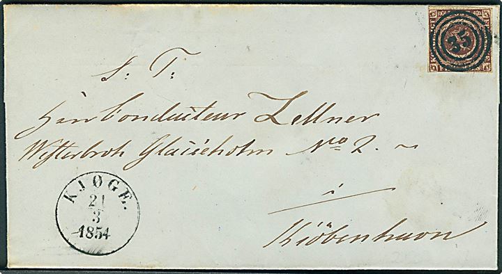 4 R.B.S. Thiele II rødbrun på brev annulleret med nr.stempel 35 og sidestemplet antiqua Kjøge. d. 21.3.1854 til Kjøbenhavn. 