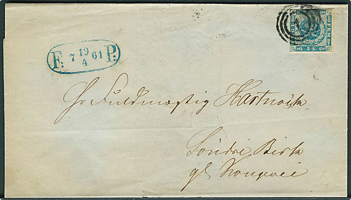 2 sk. 1855 udg. på fodpostbrev i København annulleret med nr.stempel 1 og sidestemplet med fodpoststempel F:P: d. 19.4.1861 til Gl. Kongevei.