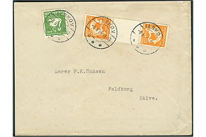 5 øre H.C.Andersen og 10 øre H. C. Andersen Tête-Bêche parstykke med mellemstykke på brev fra Ilskov d. 8.6.1936 til Feldborg pr. Skive.