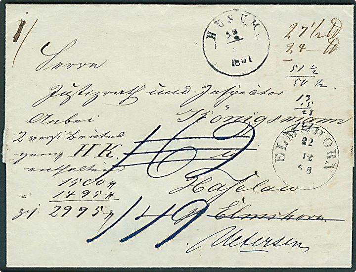 1851. Pakkefølgebrev med 1½-ringsstempel Huum d. 19.12.1851 for 2 pakker til Elmshorn - eftersendt til Uetersen. Transit stempel Elmshorn d. 22.12.1851. Mange påtegninger.