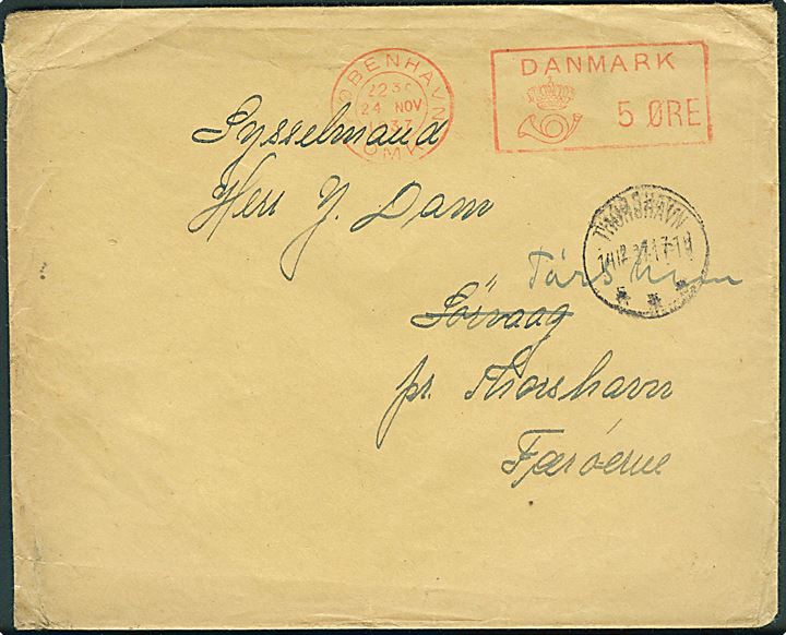 5 øre posthusfranko på tryksag fra København d. 24.11.1937 til Sørvaag pr. Thorshavn, Færøerne - eftersendt til Thorshavn.