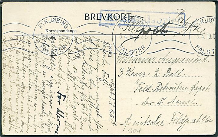 Ufrankeret feltpostbrevkort (De Steder, vi har kær med billeder fra Nykøbing F.) fra Nykjøbing Falster d. 5.4.1918 til sønderjysk soldat ved Feld-Rekruten-Depot der X Armee, Deutsche Feldpost 166 med blot rammestempel Auslandsbrief.
