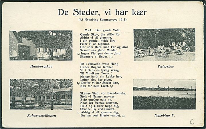 Ufrankeret feltpostbrevkort (De Steder, vi har kær med billeder fra Nykøbing F.) fra Nykjøbing Falster d. 5.4.1918 til sønderjysk soldat ved Feld-Rekruten-Depot der X Armee, Deutsche Feldpost 166 med blot rammestempel Auslandsbrief.