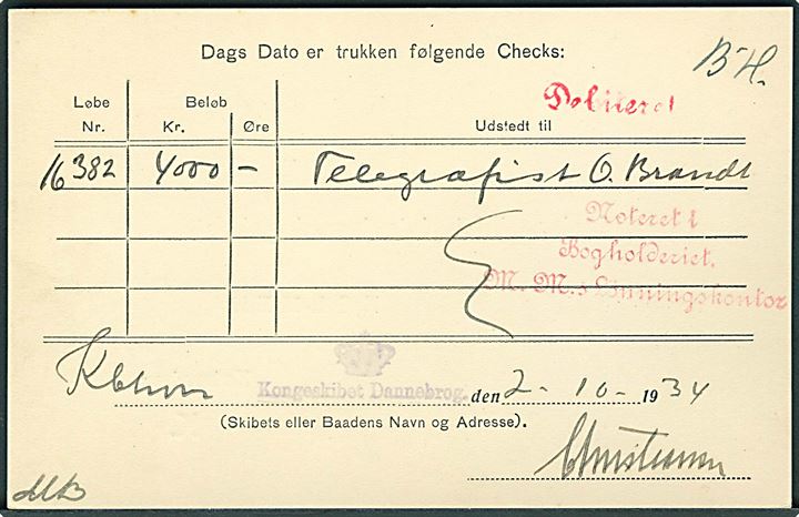 Ufrankeret fortrykt brevkort til Marineministeriets Lønningskontor på Holmen dateret København d. 2.10.1934 med kontorstempel (krone) Kongeskibet Dannebrog.