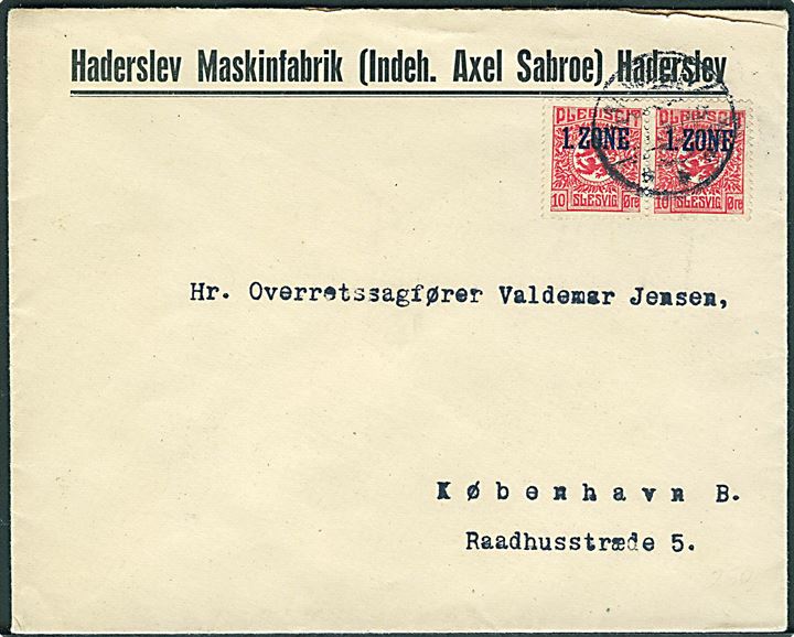 10 øre 1. Zone udg. i parstykke på brev fra Haderslev 16.7.1920 til København. 