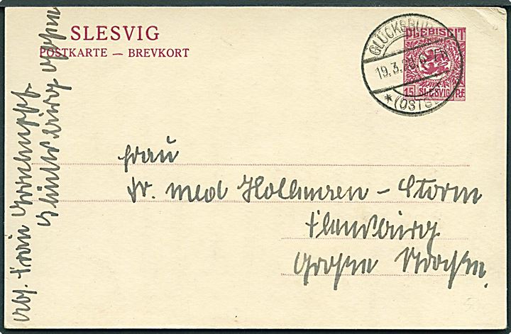 15 pfg. Fælles udg. helsagsbrevkort stemplet Glücksburg * (Ostsee)* d. 19.3.1920 til Flensburg.