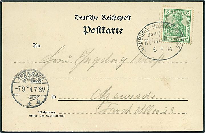 5 pfg. Germania på brevkort fra Glückstadt annulleret med bureaustempel Hamburg - Hoyerschleuse d. 6.9.1904 til Apenrade.