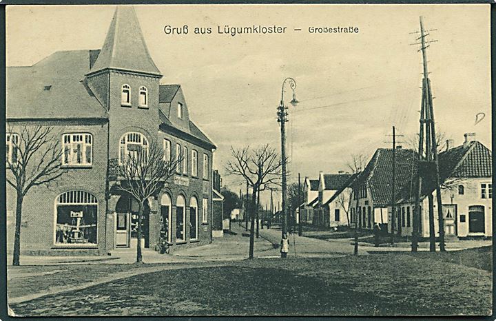 Ufrankeret feltpostbrevkort (Grossestrasse, Lügumkloster) stemplet Lügumkloster d. 15.10.1917 til Ober Jersdal. Rødt censurstempel: Ü.-K. Tondern.