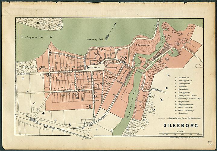 Silkeborg. Flerfarve bykort 14x22 cm fra Trap Danmark 2. udg. (1872-1879).