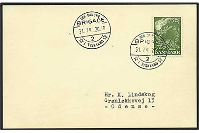 15+5 øre Frihedsfonden på brevkort stemplet Den danske Brigade /2/ i tyskland d. 31.7.1947 til Odense.