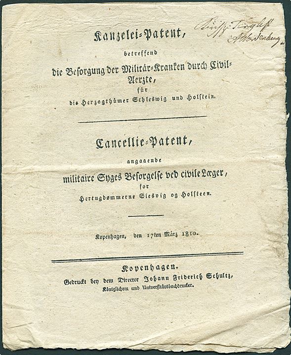 Cancellie-Patent angaaende militare Syges Besørgelse ved civile Læger for Hertugtømmerne Slesvig og Holsteen. Dateret København d. 17.3.1810.