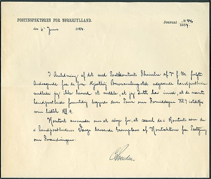 Skrivelse fra Postinspektøren for Nørrejylland d. 6.6.1884 vedr. ændret udgangstidspunkt for landpostbude ved Hjortshøj Brevsamlingssted.