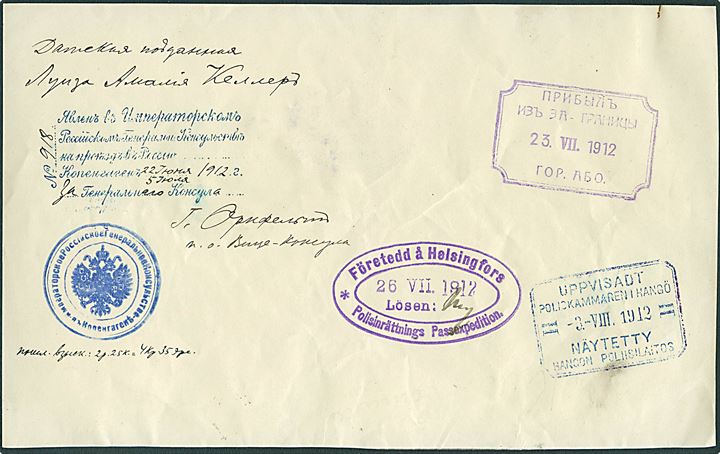 Visa fra den russiske legation i København med viseringer fra Åbo, Hangø og Helsingfors 1912.