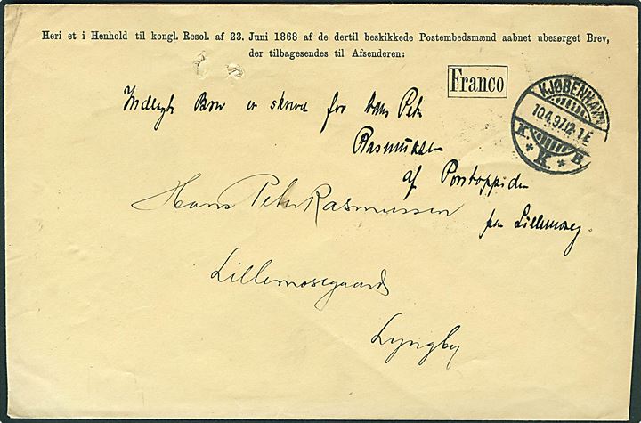 Fortrykt returkuvert fra Generaldirektoratet for Postvæsenet stemplet Kjøbenhavn d. 10.4.1897 til Lyngby.