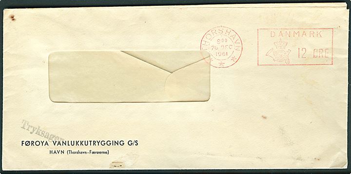Rudekuvert sendt som tryksag med 12 øre Posthusfranko fra Thorshavn d. 28.12.1961.