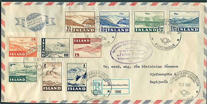 Div. luftpost udg. på anbefalet ballonpost brev annulleret med særstempel Reykjavikurflugvöllur * Flugdagur * d. 23.6.1957 via Bruarland til Reykjavik. Befordret med ballon Jules Verne.