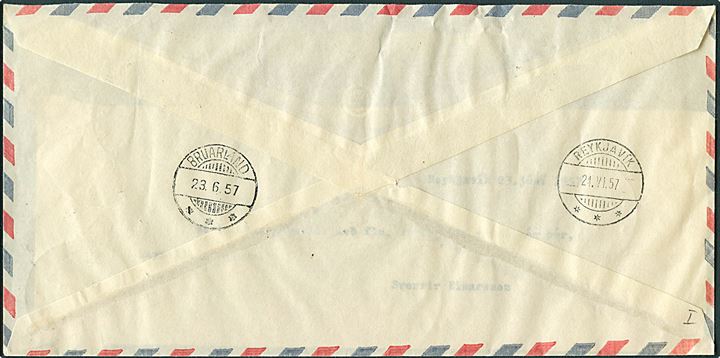 Div. luftpost udg. på anbefalet ballonpost brev annulleret med særstempel Reykjavikurflugvöllur * Flugdagur * d. 23.6.1957 via Bruarland til Reykjavik. Befordret med ballon Jules Verne.
