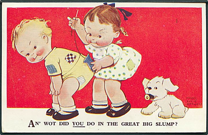 Mabel Lucie Attwell: An' wot did you do in the great big slump?. Valentine & Sons Attwell Postcars no. 2314. 