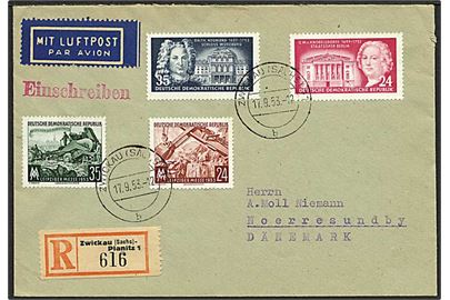 118 pfg. blandingsfrankeret anbefalet luftpostbrev fra Zwickau 17.9.1953 til Nørresundby.