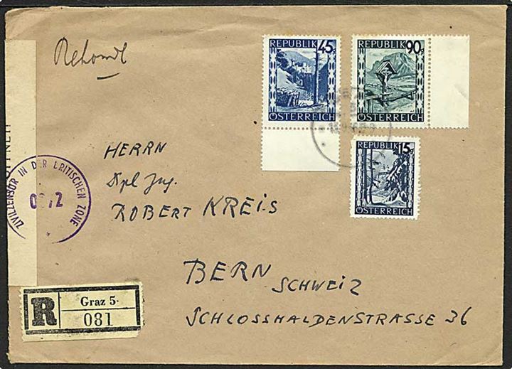 1,50 Sh. blandingafrankeret anbefalet brev fra Graz 1946 til Bern, Schweiz. Åbnet af britisk censur i Østrig.