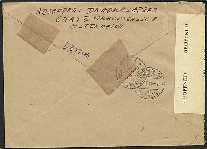 1,50 Sh. blandingafrankeret anbefalet brev fra Graz 1946 til Bern, Schweiz. Åbnet af britisk censur i Østrig.
