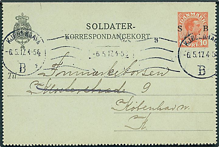 10 øre Soldater Korrespondancekort sendt lokalt i Kjøbenhavn d. 6.5.1917.