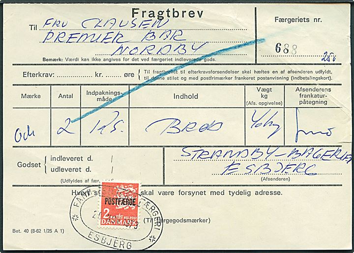2 kr. Postfærge på Fragtbrev fra Esbjerg d. 20.11.1973 til Nordby, Fanø.